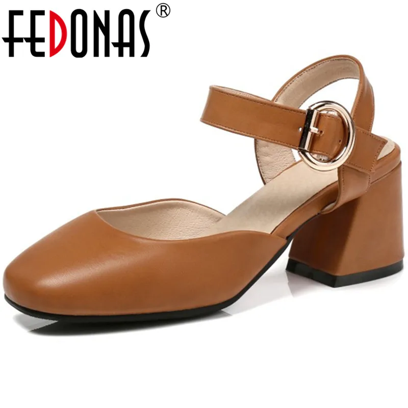 FEDONAS Women Sqaure Heels Pumps Pu Side Buckle Simple Generous pumps Prom Working Shoes Round Toe Spring Summer Shoes Woman