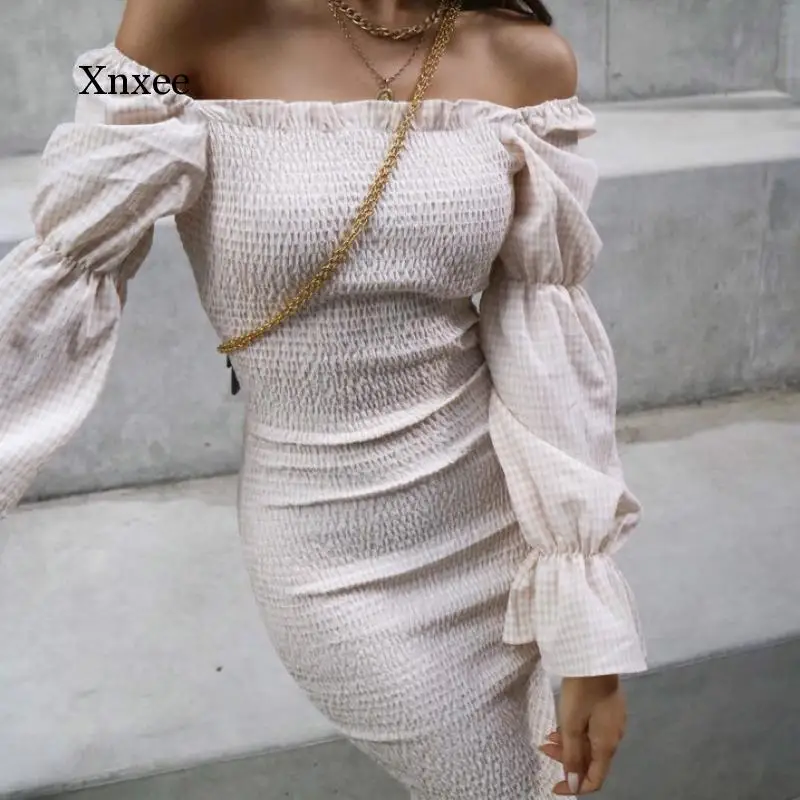 

Autumn Long Sleeve Slash Neck Dresses Women Ruffles Elegant Bodycon Midi Dresses Lady Slim Pleated Casual Clothing