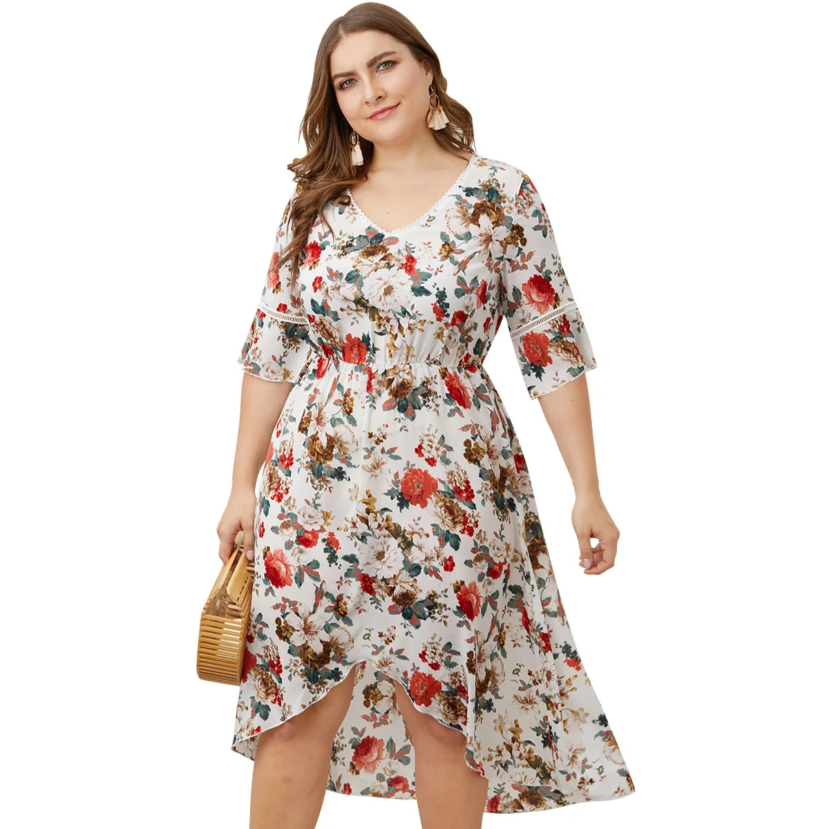 Lace Stitching V-neck Waist Set In The Sleeves Big European And American Breastfeeding Large Size Women's Printed Holiday Dress 
Lace Stitching V-neck Waist Set In The Sleeves Big European And American Breastfeeding Large Size Women's Printed Holiday Dress