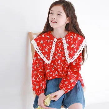 Spring New Big Children's Red Floral Shirt Big Collar Girls' Long Sleeve Bottoming Shirt Japan Lovely Princess Style Girls Tops 
Spring New Big Children's Red Floral Shirt Big Collar Girls' Long Sleeve Bottoming Shirt Japan Lovely Princess Style Girls Tops