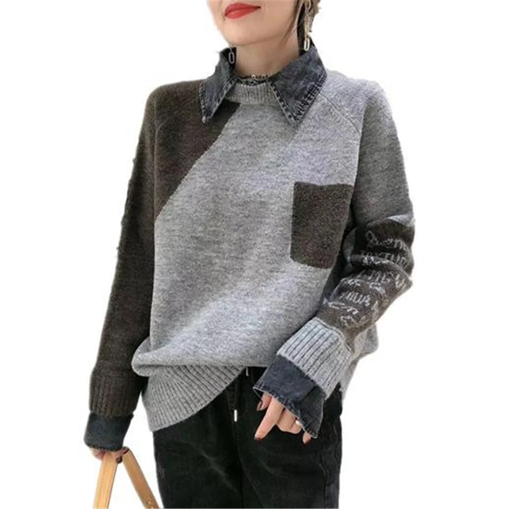 Patchwork Denim Womens Sweater Fake Two Pieces Long Sleeve Lapel Neck Womens Sweater Casual Female Clothes
Patchwork Denim Womens Sweater Fake Two Pieces Long Sleeve Lapel Neck Womens Sweater Casual Female Clothes