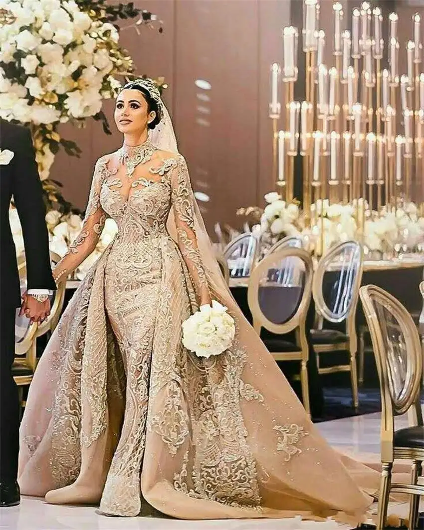 Фото Роскошная Бохо Русалка свадебная вуаль шампанского с высоким воротом полный