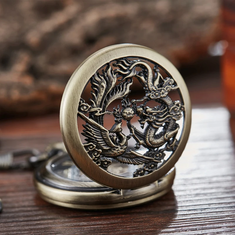 

Mechanical Pocket Watch Dragon Phoenix Play Ball Steampunk Skeleton Hand-wind Flip Clock Fob Watch With Chain Double Hunter Gift