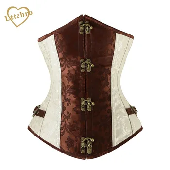 

Corset Brown and Lvory Underbust Corset Goth Buckle Highest Quality Flowers Pattern Steampunk Corset with G-string