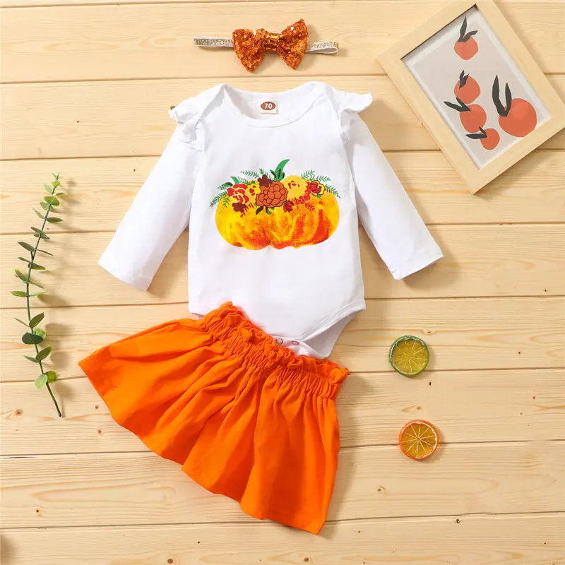 Baby Girl Halloween Romper + Skirt+ Bow Knot Headband, Pumpkin Pattern Festive Clothing
Baby Girl Halloween Romper + Skirt+ Bow Knot Headband, Pumpkin Pattern Festive Clothing