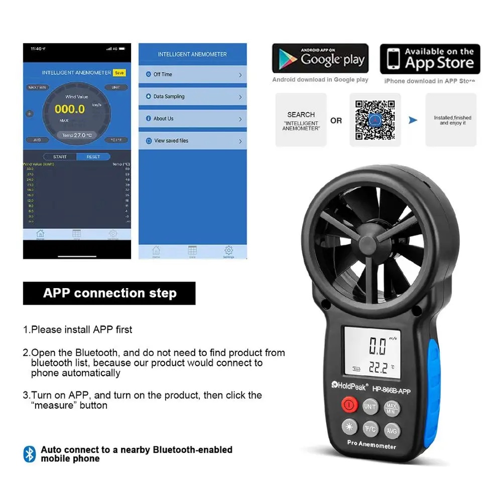 HOLDPEAK 866B-APP Digital Anemometer With Mobile APP- THE BEST Wind Speed Meter Measures Temperature Wind Chill with Backlight
HOLDPEAK 866B-APP Digital Anemometer With Mobile APP- THE BEST Wind Speed Meter Measures Temperature Wind Chill with Backlight