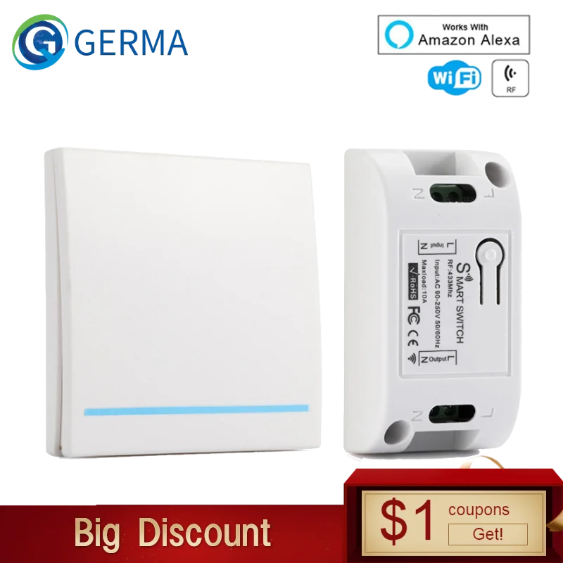 GERMA RF Wifi Switch RF 433MHz 10A/2200W Wireless Switch 86 Type ON/Off Switch Panel 433MHz RF WiFi Remote Control Transmitter
GERMA RF Wifi Switch RF 433MHz 10A/2200W Wireless Switch 86 Type ON/Off Switch Panel 433MHz RF WiFi Remote Control Transmitter