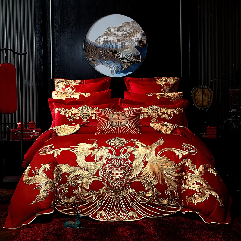 

4/6/8pc Luxury Gold Loong Phoenix Embroidery Chinese Wedding Red 100% Cotton Bedding Set Quilt/Duvet Cover Bed Sheet Pillowcases