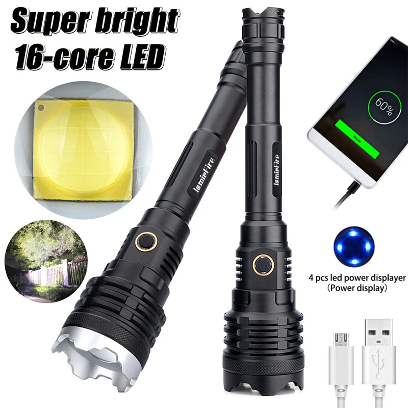 Most Bright XHP160 P100 LED Flashlight USB Rechargeable Zoom Torch Light Battery