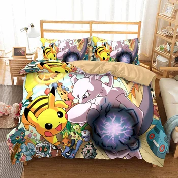 

Pikachu Anime Duvet Cover Set Twin Full Queen King Bed Linen Set Janpanese Game Character Cartoon Bedding Set 3PCS for Kids