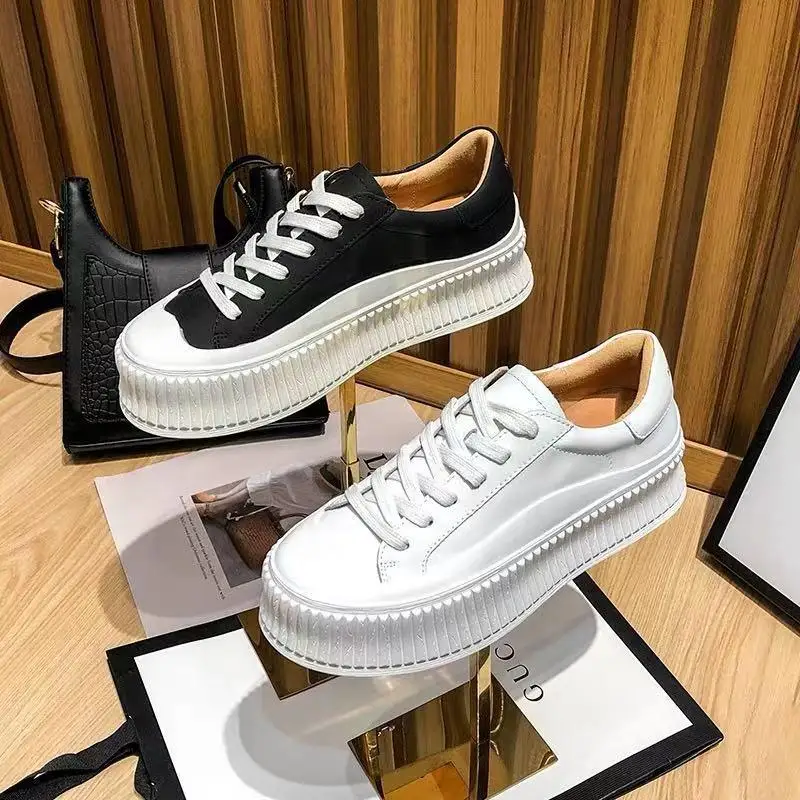 

41 42 Big Size White Shoes Women Genuine Leather Platform Sneakers Comfortable 2021 Autumn New Female Fashion Stateboard Sneaker