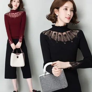 Autumn Winter Turtleneck Warm Pullovers Sweaters Women Spring Black Embroidery Lace Mesh Hollow Knitted Slim Sweater Female Tops 
Autumn Winter Turtleneck Warm Pullovers Sweaters Women Spring Black Embroidery Lace Mesh Hollow Knitted Slim Sweater Female Tops
