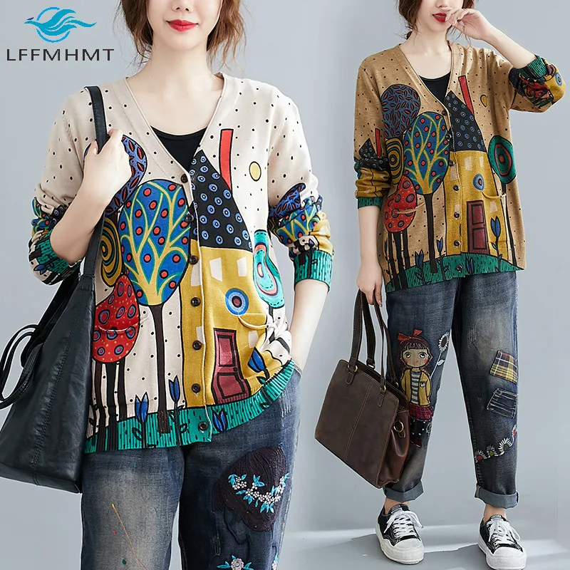 Spring Fall Women Large Size Cartoon Print Knitted Sweaters Office Lady V-neck Vintage Oversized Casual Loose Cardigan Knitwear
Spring Fall Women Large Size Cartoon Print Knitted Sweaters Office Lady V-neck Vintage Oversized Casual Loose Cardigan Knitwear