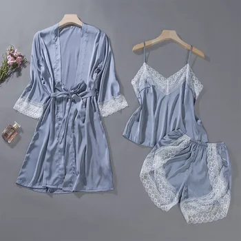 Pajama Women Silk 3 Piece Suit Sexy Sleepwear Summer Night Underwear Long Sleeve Pajama Set Femme with Chest Pad
Pajama Women Silk 3 Piece Suit Sexy Sleepwear Summer Night Underwear Long Sleeve Pajama Set Femme with Chest Pad
