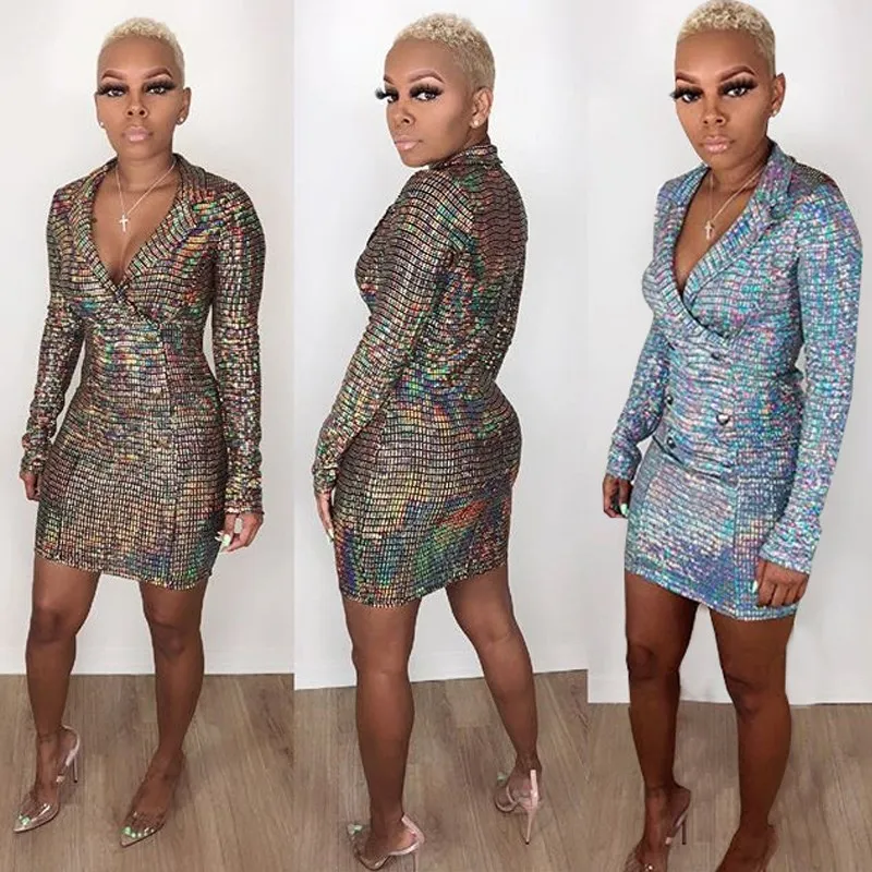 Autumn Sexy Package Hip Club Dress Women Iridescent Holographic Sexy Dress Lapel Shiny Sequin Party Dress 
Autumn Sexy Package Hip Club Dress Women Iridescent Holographic Sexy Dress Lapel Shiny Sequin Party Dress