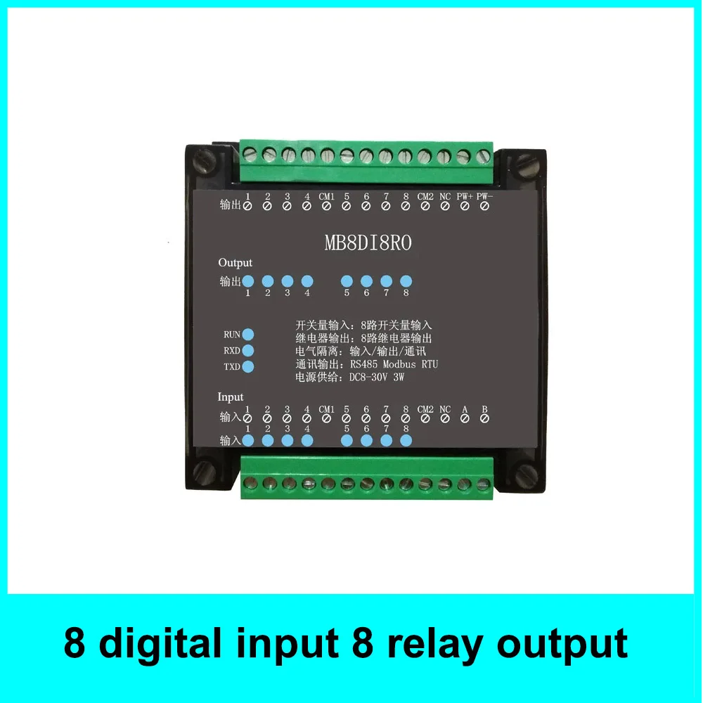 8 Channels Digital Input and 8 Channels Relay Output Isolated 8DI/8RO RS485 MODBUS Protocol Communication RS485 to Ethernet
8 Channels Digital Input and 8 Channels Relay Output Isolated 8DI/8RO RS485 MODBUS Protocol Communication RS485 to Ethernet