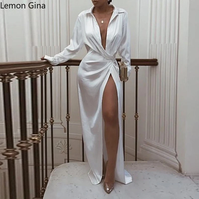 Lemon Gina Solid Women Sexy High Slit Turn Down Neck Open Front Long Sleeve Maxi Dress Club Party Elegant Tunic Long Dresses
Lemon Gina Solid Women Sexy High Slit Turn Down Neck Open Front Long Sleeve Maxi Dress Club Party Elegant Tunic Long Dresses
