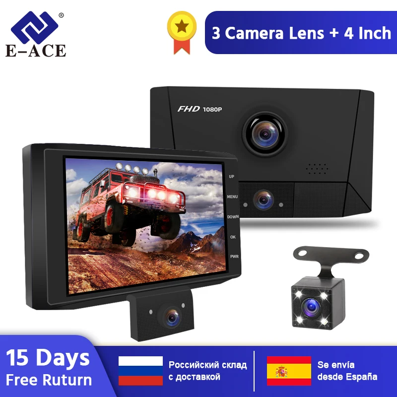 

E-ACE Car DVR 3 Cameras Lens Dash Camera 4.0 Inch Auto Registrator Dual Lens With Rearview Camera Video Recorder Dvrs Dash Cam