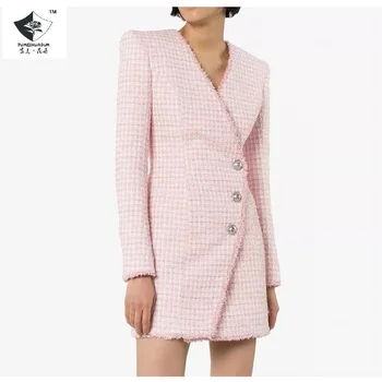Plaid Woolen V-neck Wrap Three-Button Burr Long-Sleeved Slim-Fit Dress Jacket/women middle-length suit jackets/women suit dress 
Plaid Woolen V-neck Wrap Three-Button Burr Long-Sleeved Slim-Fit Dress Jacket/women middle-length suit jackets/women suit dress