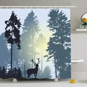 

Shower Curtain Set with Hooks 72x72 Landscape Silhouette Forest Trees Horns Sunrise Deer Grey Animals Wildlife Stalk Fog Parks