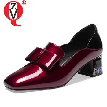 

ZVQ spring new fashion women pumps outside mid heels square toe genuine leather bowtie women shoes drop shipping size 34-42