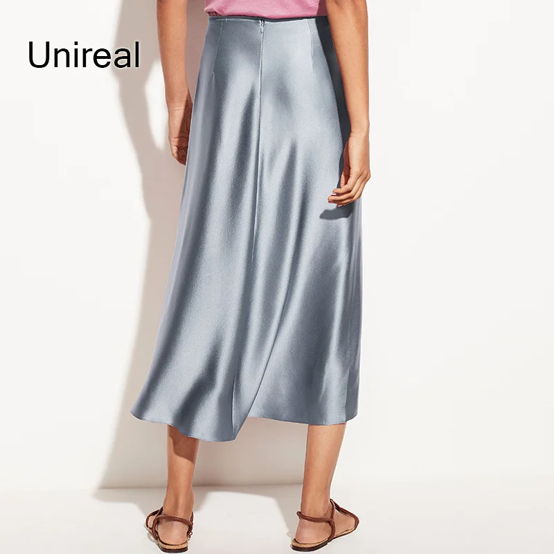 

Unireal 2022 Summer Women Satin Skirt Elegant Lady Silk Shiny Vintage High Waist Midi Skirt
