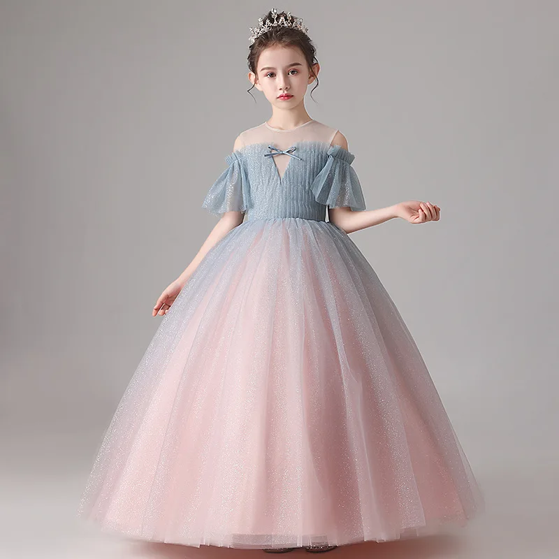 Блестящее платье с цветочным узором для девочек на свадьбу Драпированное Платье