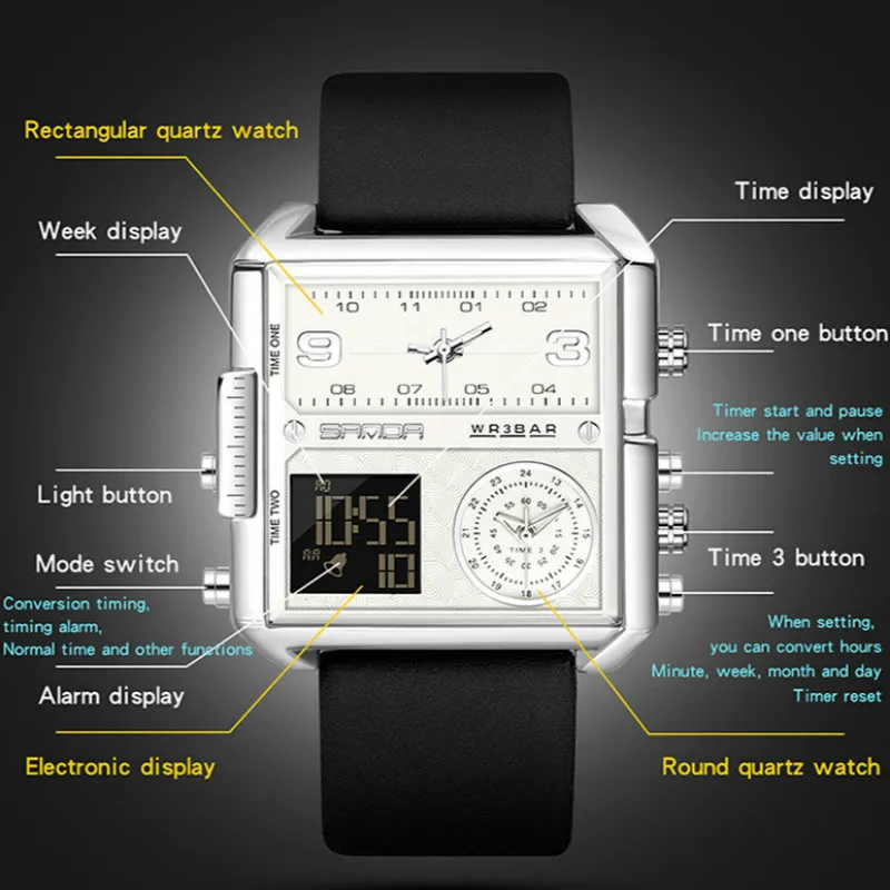 Sanda Мужские квадратные часы 2020 Топ бренд Роскошные креативные 3 времени дисплей
