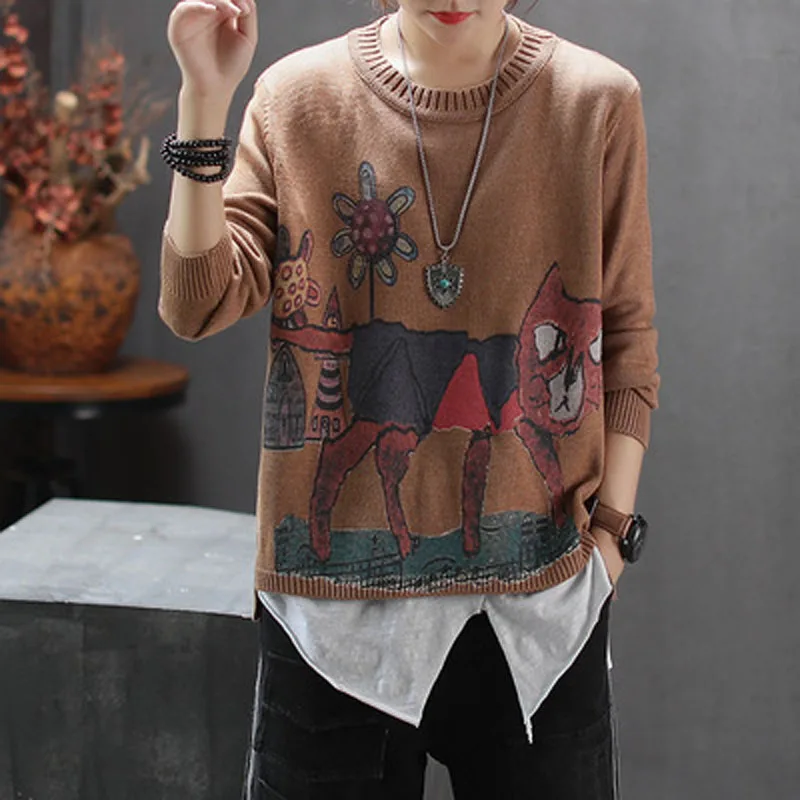 Personalized Harajuku Floer Cat Printing Retro Sweater Pullover Female Long Sleeve Loose Knit Cute Knitwear 2019 Pull Sueter
Personalized Harajuku Floer Cat Printing Retro Sweater Pullover Female Long Sleeve Loose Knit Cute Knitwear 2019 Pull Sueter