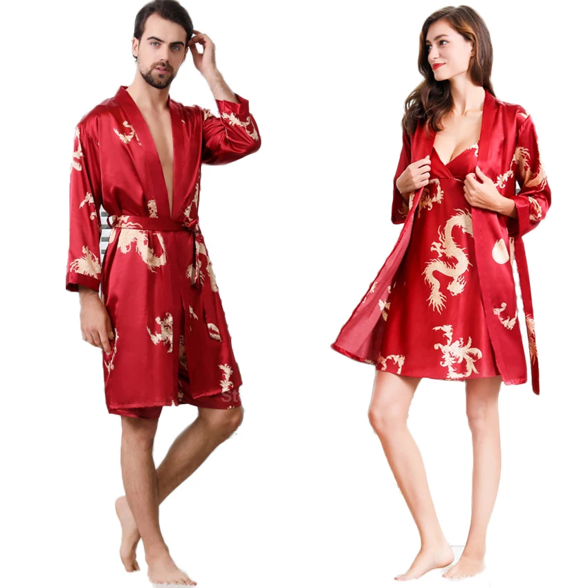 Атласные шелковые халаты для женщин в китайском стиле пар мужчин и с драконом