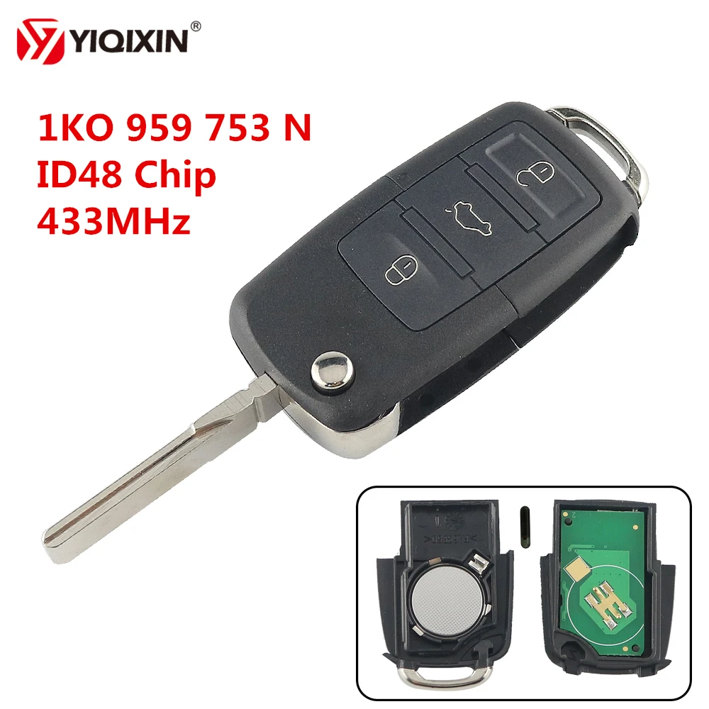 

YIQIXIN 1KO 959 753 N 433Mhz ID48 Chip 3 Button Flip Remote Control Car Key Blank Blade For VW Passat Beetle Polo For Skoda