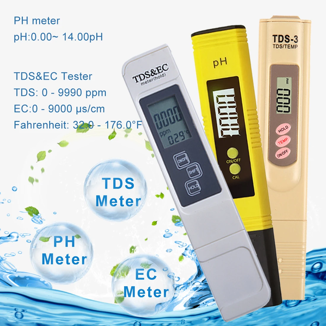 LCD Display 2pcs PH Tester+TDS& EC Meter/TDS-3 Meter/ PH Paper Tester Meter for Measure Water Quality Purity Swimming Pool
LCD Display 2pcs PH Tester+TDS& EC Meter/TDS-3 Meter/ PH Paper Tester Meter for Measure Water Quality Purity Swimming Pool