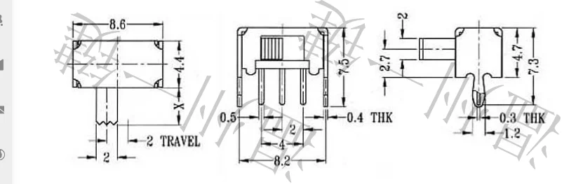 Description Picture 4 of item10PCS SK-12D07 1P2T Single pole double throw slide switch side insert type pin spacing 2.0mm 3 pin with fixed pin