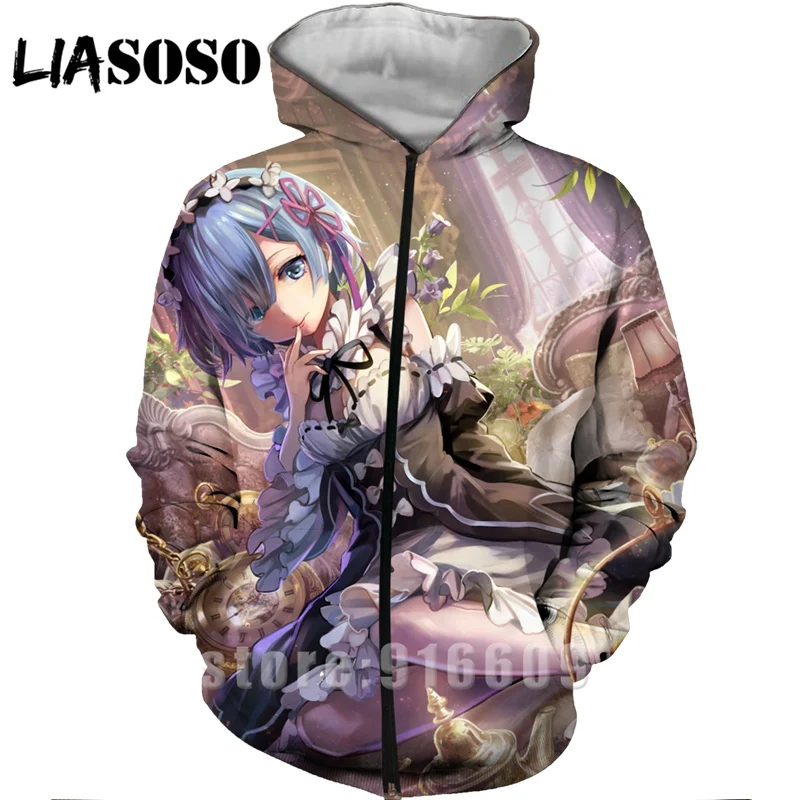 Re Zero Rem 3D Print Hooded Sweatshirt Women Men Ram Anime Hoodies Casual Design Jacket Harajuku style Pullover Zipper Hoodie (15)