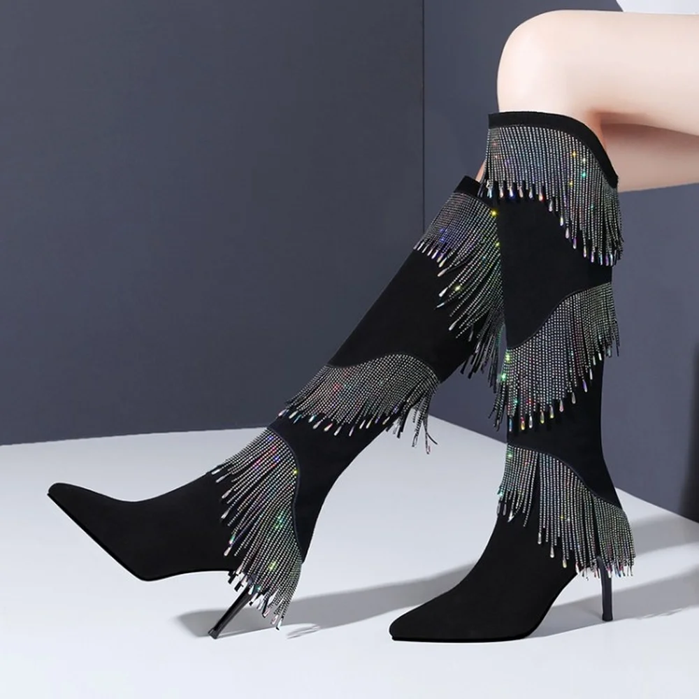 Womens Pointed Toe Tassels Rhinestones Crystal Knee Thigh Boots Stilettos High Heel Shoes Genuine Leather Luxury Black
Womens Pointed Toe Tassels Rhinestones Crystal Knee Thigh Boots Stilettos High Heel Shoes Genuine Leather Luxury Black