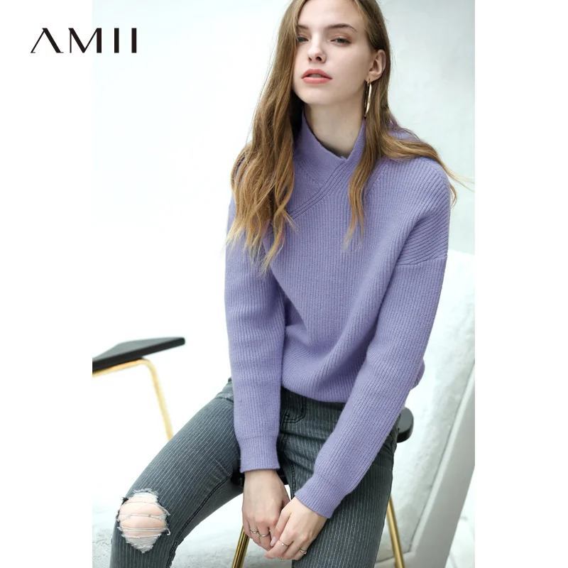 Amii минималистский вязаный свитер осенний женский модный однотонный приталенный
