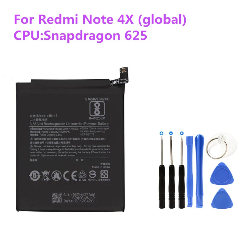 Built-in Phone Battery Replaceme batteries BN43 For Xiaomi Mi Redmi Note 4X 4 X /Note 4 global Snapdragon 625 + Free Tools
Built-in Phone Battery Replaceme batteries BN43 For Xiaomi Mi Redmi Note 4X 4 X /Note 4 global Snapdragon 625 + Free Tools
