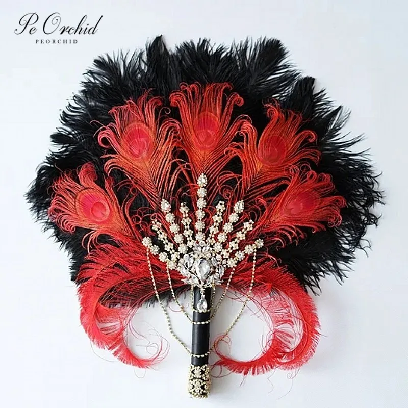 

PEORCHID Black Red Gold Bridal Fan Brooch Bouquet Great Gatsby 1902s Alternative Feather Hand Fan Wedding Bouquet Gift