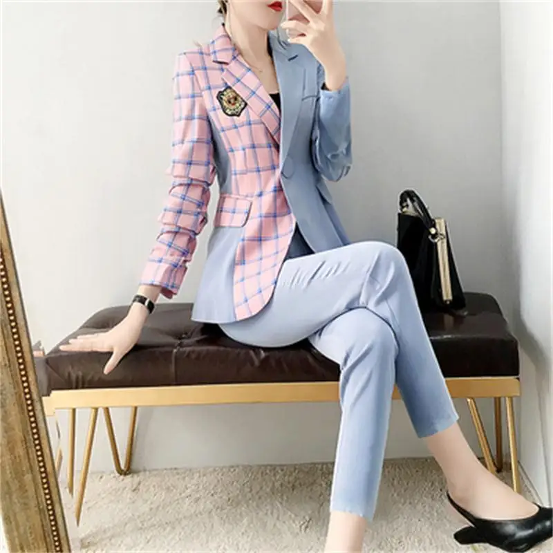 Fashion suit suit female spring fall New High end stitching Casual Plaid business suit + boot cut pant two-piece suit women
Fashion suit suit female spring fall New High end stitching Casual Plaid business suit + boot cut pant two-piece suit women