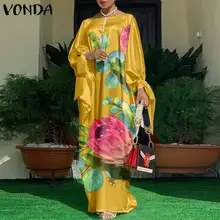 

Spring Dress VONDA 2021 Women Elegant Long Sleeve Satin Slik Dress Vintage Floral Printed Bow Sundress Bohemian Vestidos