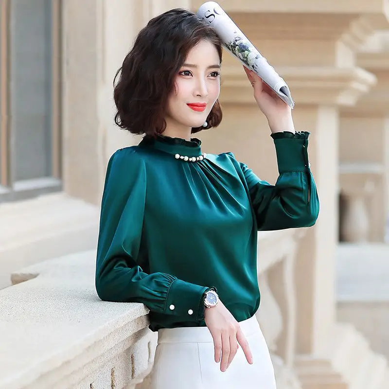Women Satin Blouses Elegant Long Sleeve Silk Tops Pearl Stand Collar Female Plus Size Office Shirts Solid Casual Blusas
Women Satin Blouses Elegant Long Sleeve Silk Tops Pearl Stand Collar Female Plus Size Office Shirts Solid Casual Blusas