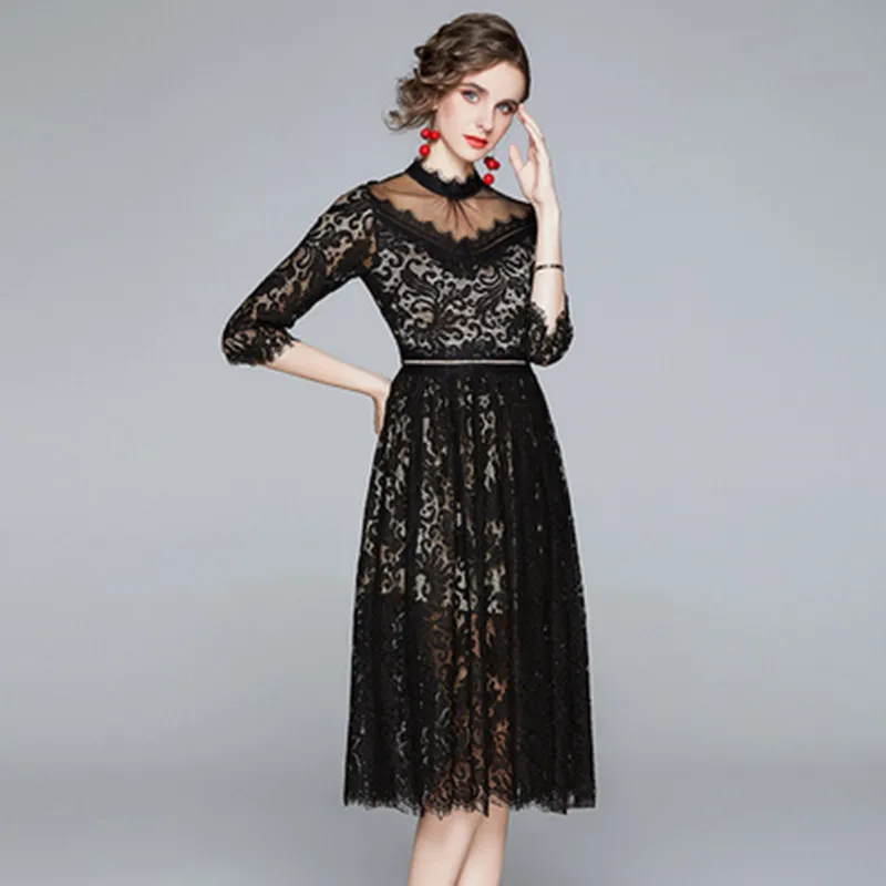 Women New Black Lace Dress Sexy Hollow Out Mesh Patchwork Vintage Dress Autumn High Quality Fashion Party Dress Robe Femme
Women New Black Lace Dress Sexy Hollow Out Mesh Patchwork Vintage Dress Autumn High Quality Fashion Party Dress Robe Femme