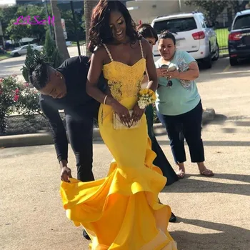 

South African Black Girls Prom Dresses 2020 Yellow Mermaid Appliques Pageant Holidays Graduation Wear Formal Evening Party Gowns