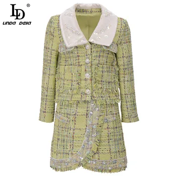 LD LINDA DELLA Designer Runway Autumn Winter 2 Two Piece Sets Women's Patchwork Tweed Jacket Short Coat and Mini Skirts Suit