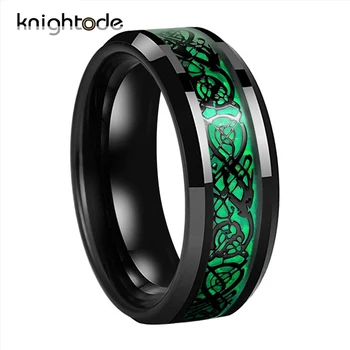 8mm Black Tungsten Wedding Band For Men Women Black Dragon And Green Carbon Fiber Inlay Tungsten Ring Beveled Edges Comfort Fit 
8mm Black Tungsten Wedding Band For Men Women Black Dragon And Green Carbon Fiber Inlay Tungsten Ring Beveled Edges Comfort Fit