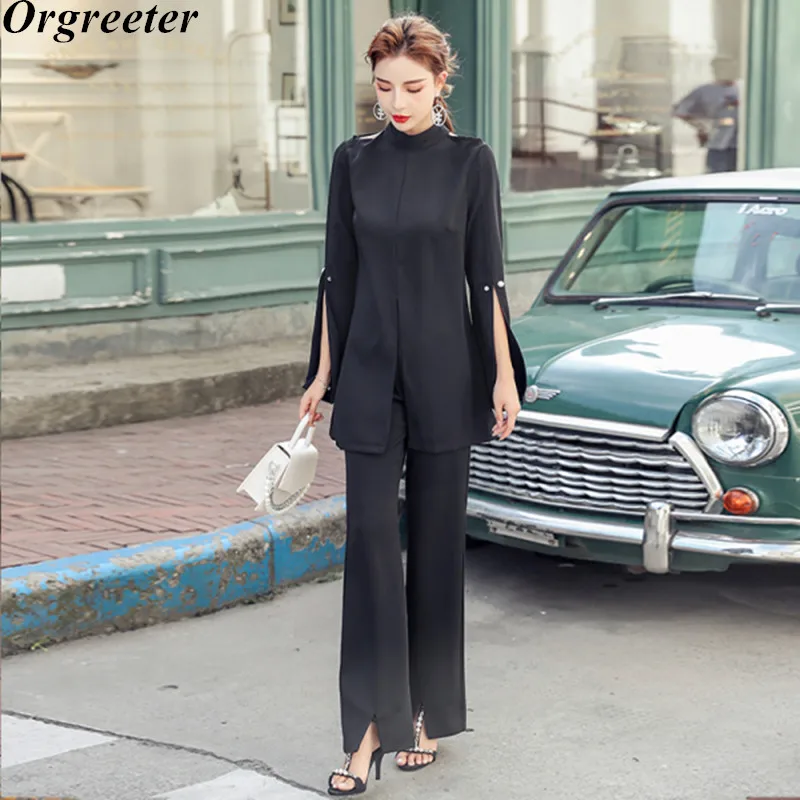 Autumn New OL Casual Two piece Pants Sets Women Flare Sleeve Beaded Blouse Tops and High waist boot cut pants Elegant Suits |