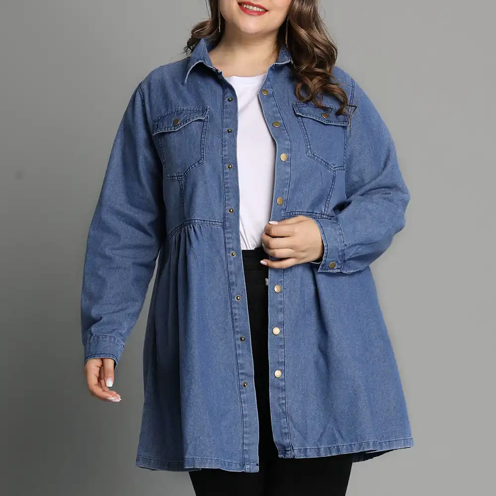 camisa jeans feminina manga longa plus size