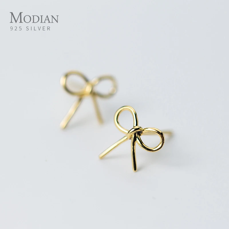 

Modian Charm Gold Color Bowknot Earrings for Women 100% 925 Sterling Silver Simple Exquisite Stud Ear Fashion Jewelry Bijoux