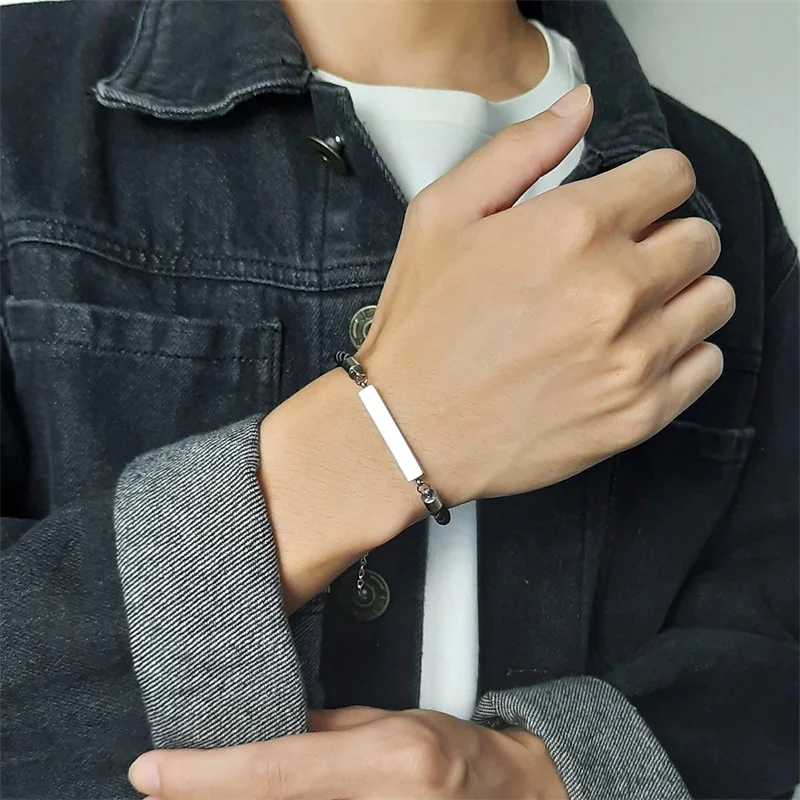 Men's Casual Personalize Custom Cube Bar Charm Bracelets with Adjustable Black Braided Rope Chain Male Wristband Jewelry
Men's Casual Personalize Custom Cube Bar Charm Bracelets with Adjustable Black Braided Rope Chain Male Wristband Jewelry