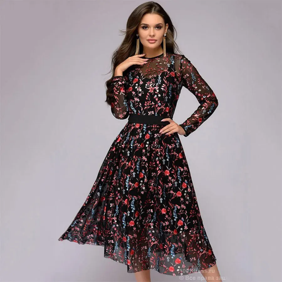 

Print Sheer Mesh Black A-line Dress O-neck Long Sleeve Belt Empire Party Dresses Ladies Fashion Banquet Dress Autumn